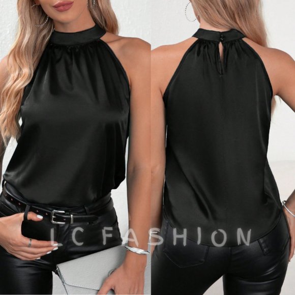 LC FASHION Tops - Halter Neck Satin Top, Tank tops for women, Satin Blouse
